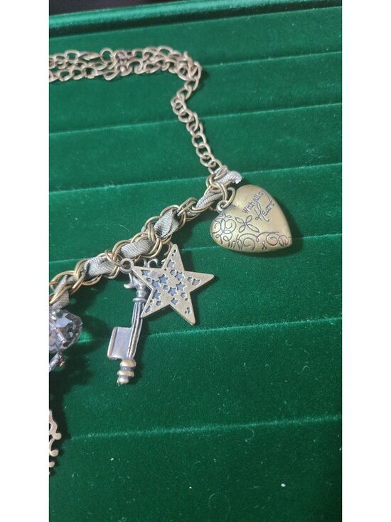 Vintage 80s Charm Necklace Key Heart Star Mixed Metal Ribbon Chain Statement - Picture 4 of 10